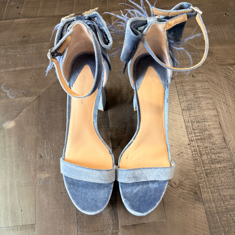 Blue Velvet Platform Ankle-Strap Heels with Feather Detail - Picture 4 of 5